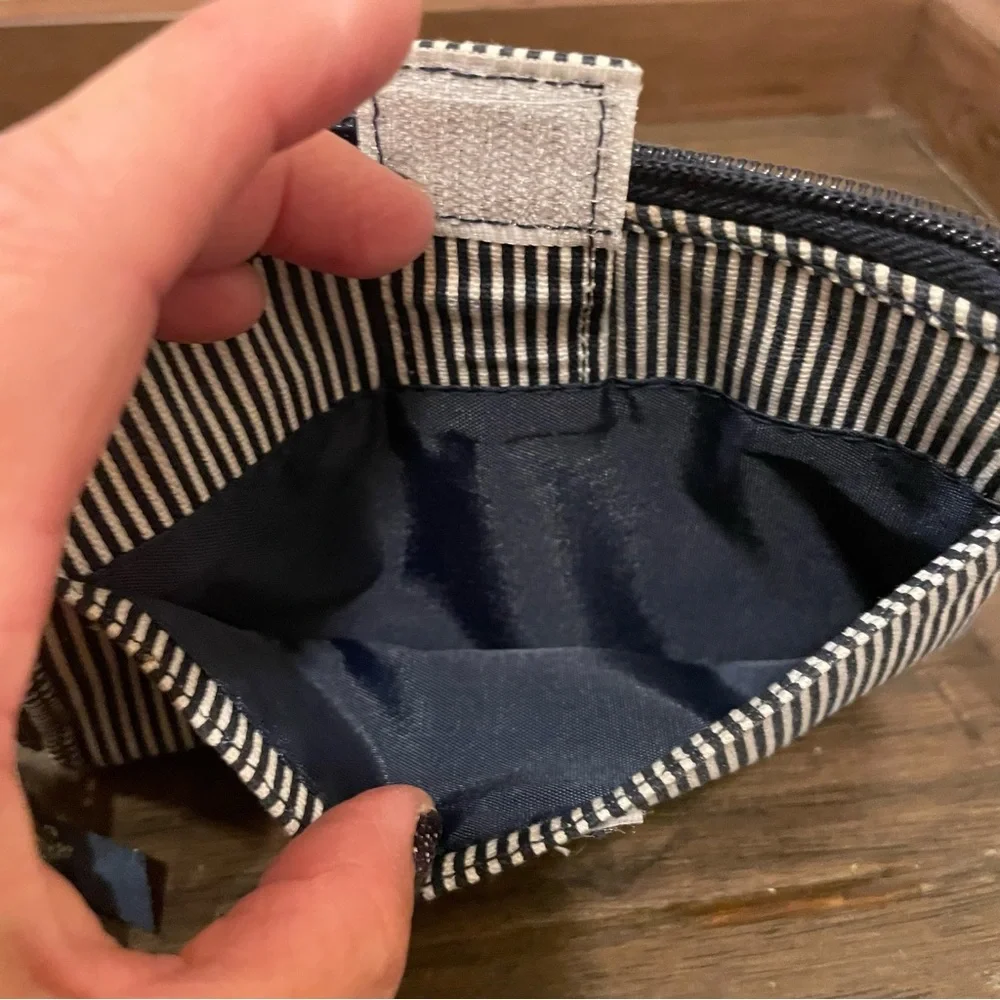 Thirty One Navy Striped Zipper Wristlet w/White Embroidered Flower